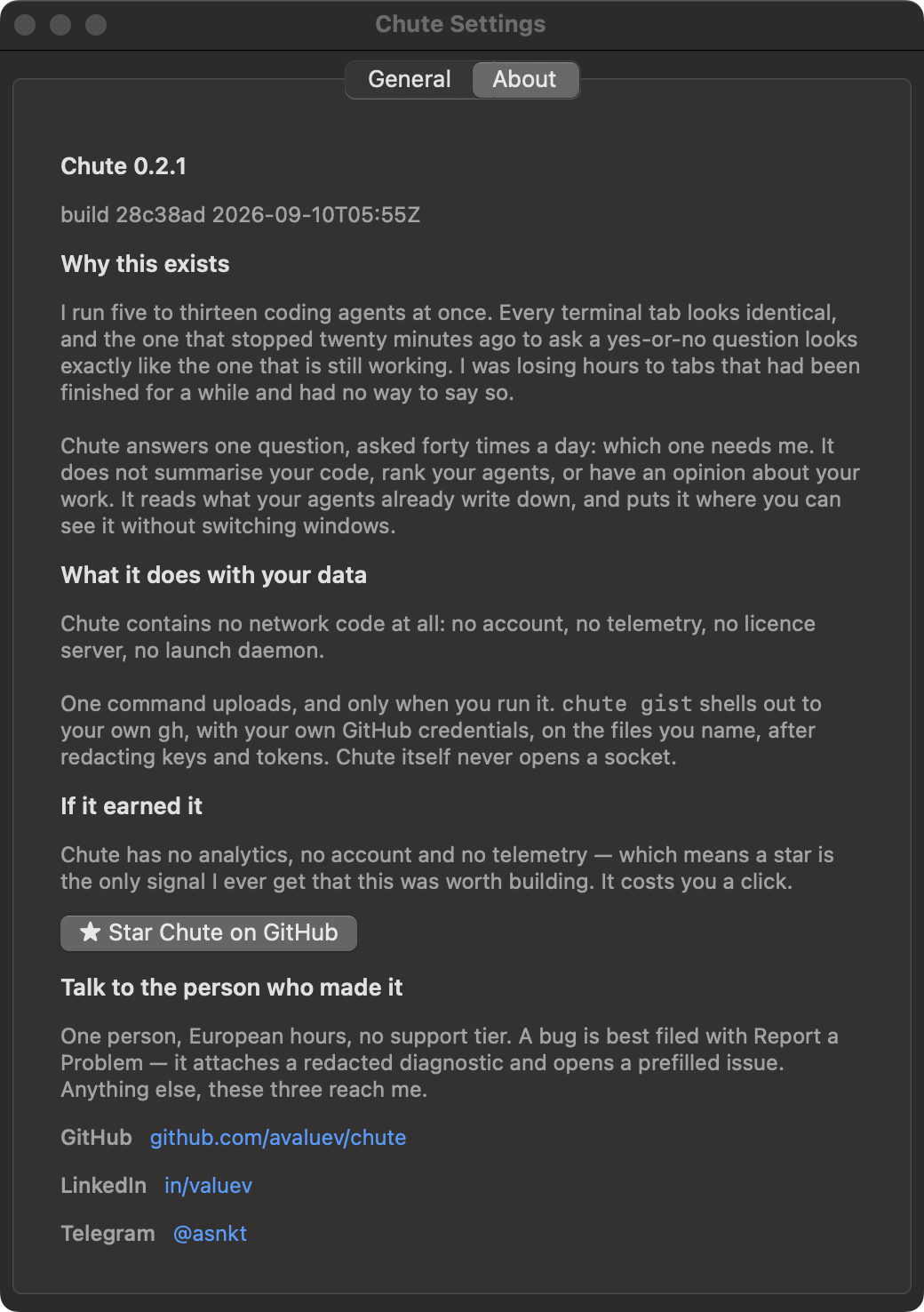 The Chute About tab: why it exists, GitHub, LinkedIn, Telegram, and a star button