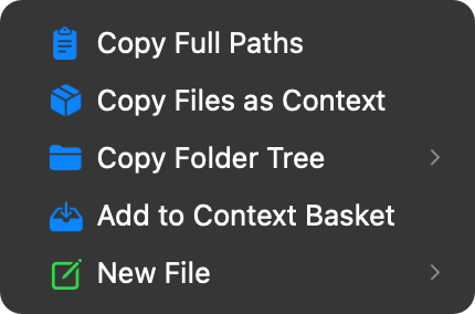 A rendering of Chute's rows inside the Finder right-click menu: Copy Full Paths, Copy Files as Context, Copy Folder Tree, Add to Context Basket, and New File